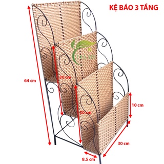 Kệ báo 3 tầng đựng báo, đựng tạp chí tiện lợi, sợi đan giả mây khung sắt sơn tĩnh điện