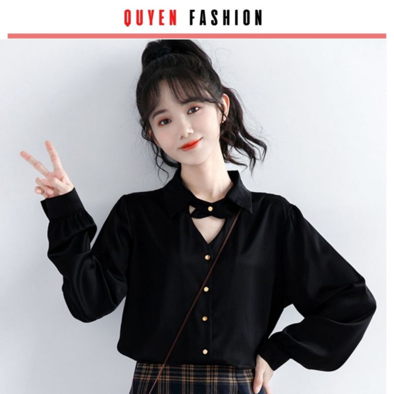 Áo Sơ Mi Thời Trang Công Sở Cổ Nơ Xinh Xắn Màu Đen AA557