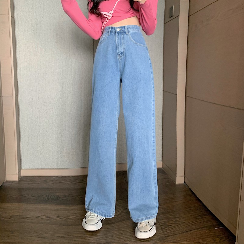 Quần jean đan dây eo lưng cao form rộng tôn dáng HQD47 - Hỉn Hỉn Store