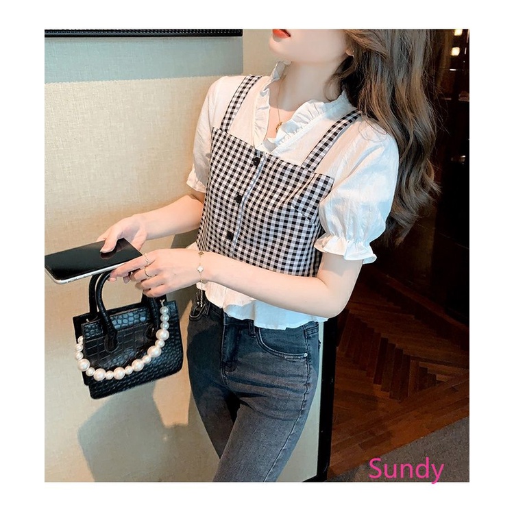 Áo Sơ Mi Ngắn Tay Cổ Chữ V Hoa Văn Kẻ Ô Thời Trang Mùa Hè Dành Cho Nữ