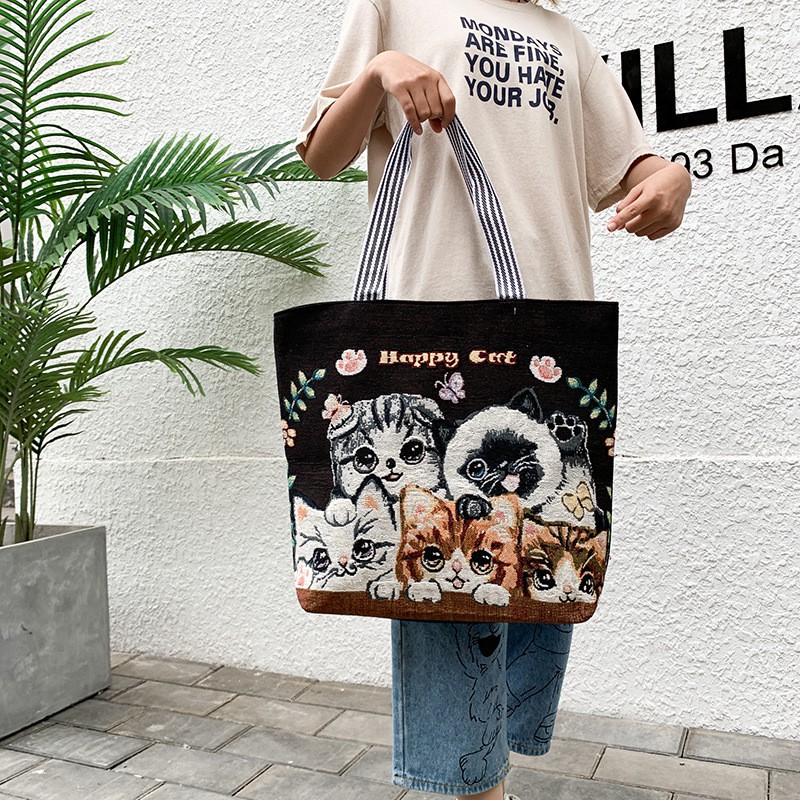 Túi Tote Vải Canvas Thêu Hình Mèo Cute Thời Trang Đeo Chéo GN11-III