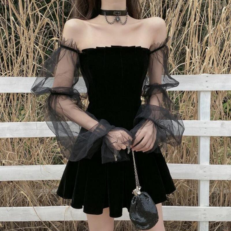 Đầm tay phồng trễ vai phối vải lưới thời trang xinh xắn cho nữ