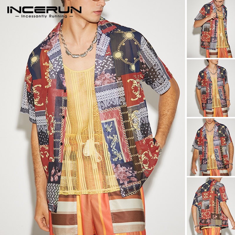 INCERUN Áo Sơ Mi Ngắn Tay Dáng Rộng Họa Tiết Dân Tộc Retro Dành Cho Nam