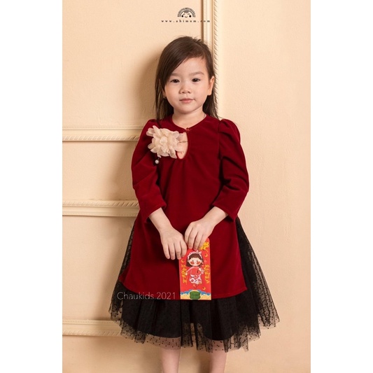 Set Áo dài cổ tròn nơ ngực cho bé gái