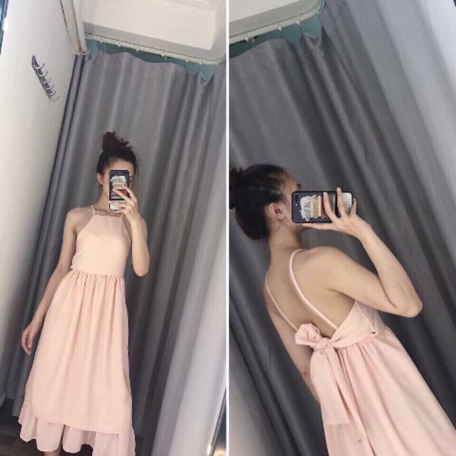Váy maxi 2 dây thắt nơ lưng kèm mút ngực ( kèm ảnh thật)