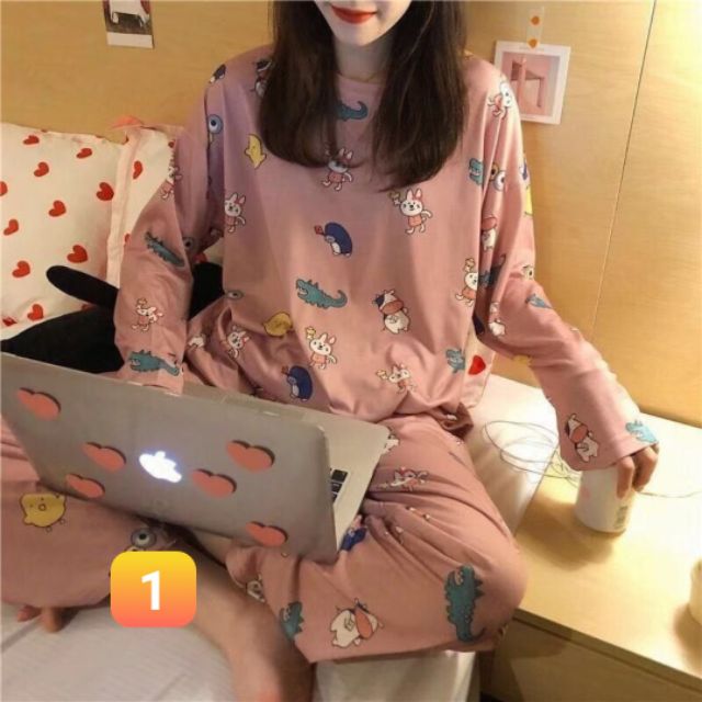 Bộ đồ ngủ thun dài tay thu đông họa tiết hoạt hình dễ thương ulzzang 2020 | BigBuy360 - bigbuy360.vn