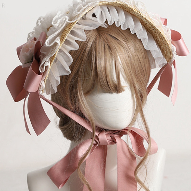 Mũ cói phối dây ruy băng phong cách Lolita cho nữ