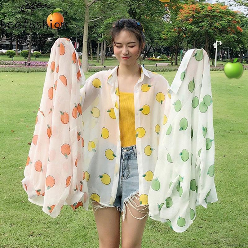 Sơ mi chiffon nữ tay dài cổ bẻ in hình trái cây