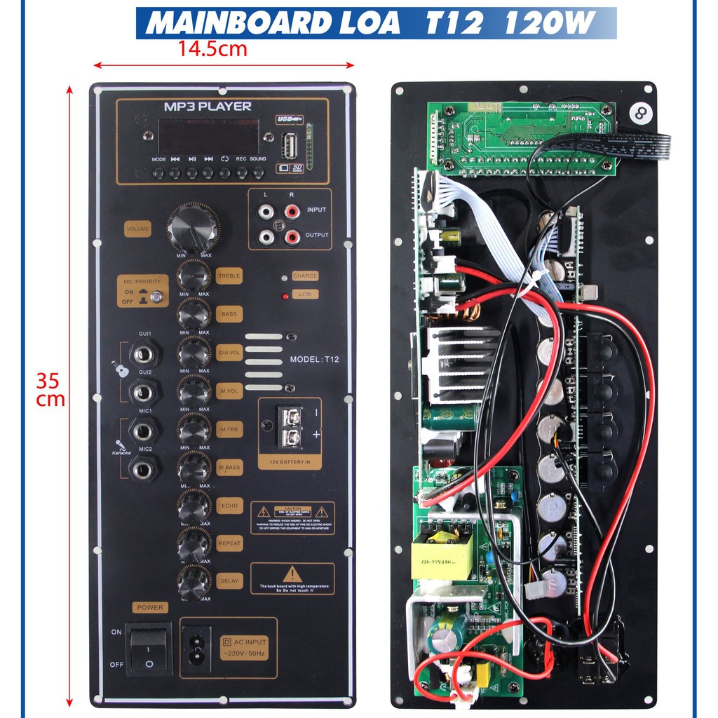 Bo Mạch Loa Kéo T12 120w đánh Bass 3 tấc đôi, 4 Tấc đơn, kích thước 14.5 * 35