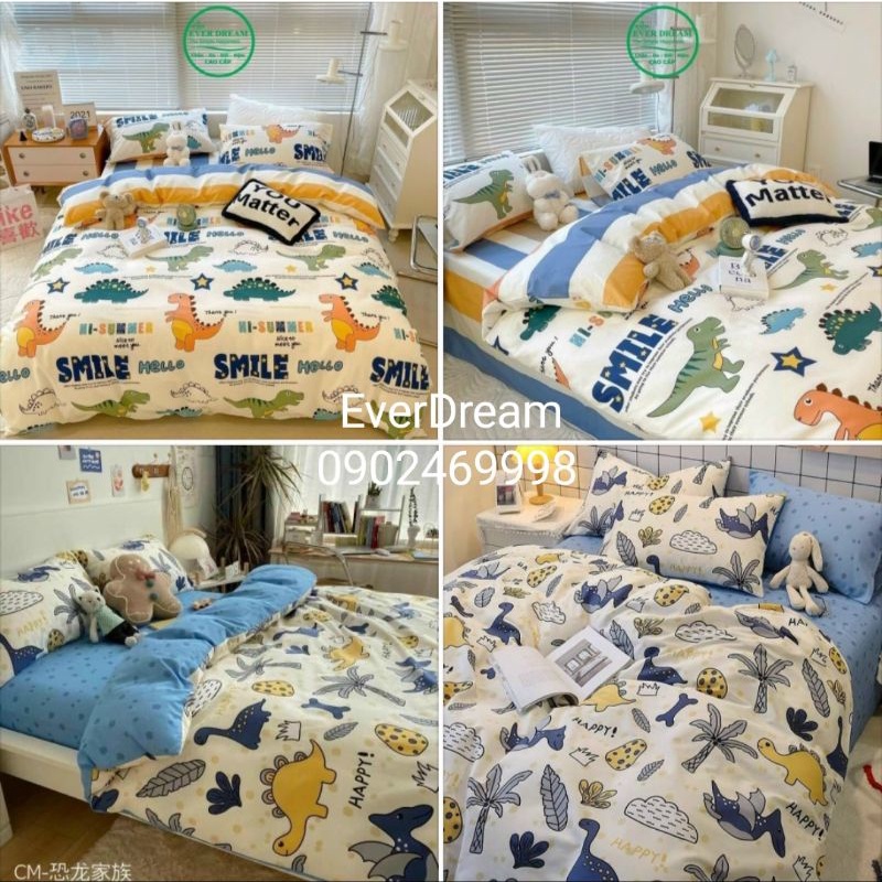 (+Quà tặng) Chăn ga gối EverDream 132 Hàng Nhập Khẩu, Khủng long cute cho bé,100% cotton living cao cấp...