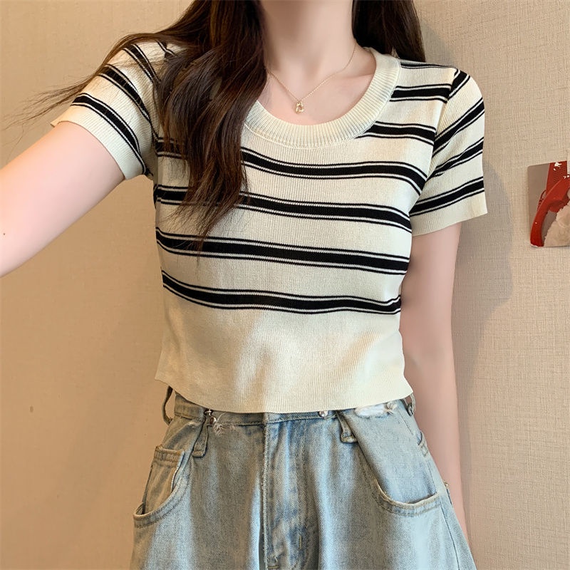 Áo Dệt Kim Cổ Tròn Kẻ Sọc Thời Trang Mùa Hè Hàn Quốc Cho Nữ