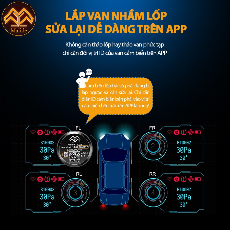 [CHÍNH HÃNG] Cảm biến áp suất lốp van trong Malide cao cấp kết nối APP điện thoại độc quyền - Model MLDB02