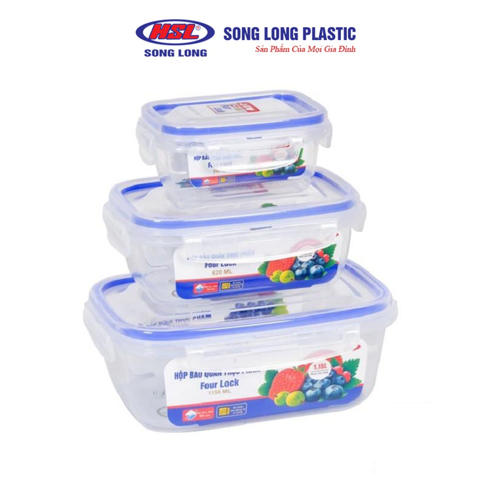 Bộ 3 hộp đựng bảo quản thực phẩm 1150ml, 620ml, 250ml nhựa Song Long Plastic Four Lock cao cấp - 2508