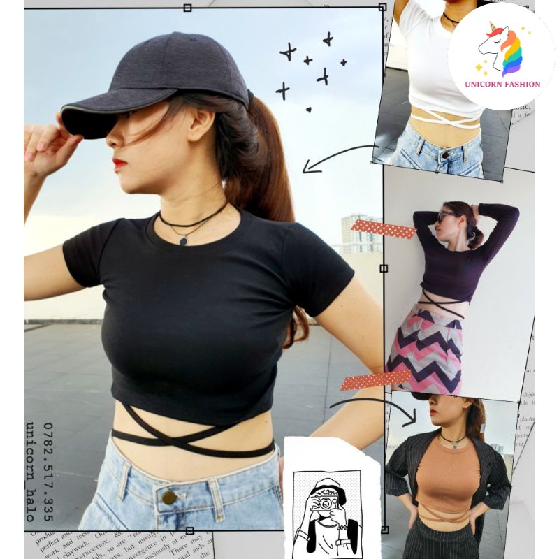 [Ảnh Thật] Áo Croptop Cột Rút Dây Eo Tay Ngắn Dài Thun Ôm Body Sexy Trơn Trắng / Đen / Nude ACR005 Mys Unicorn Fashion