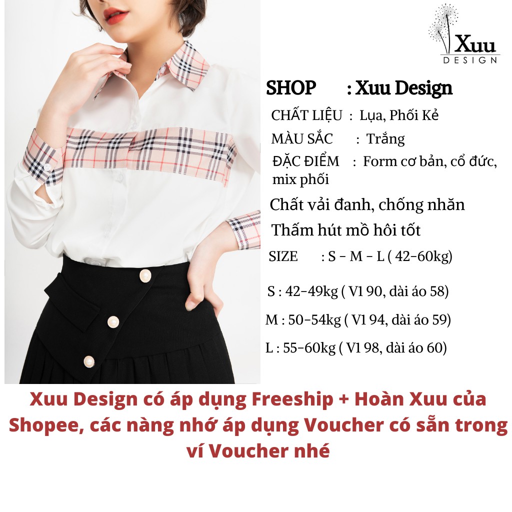 Áo sơ mi trắng nữ Xuu Design, Áo kiểu nữ phối kẻ thời trang chất vải Lụa hàn cao cấp - Hàng thiết kế SP34