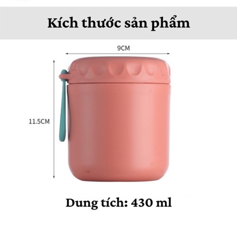 Bình Ủ CháoTẶNG KÈM THÌA Hộp Đựng Canh Giữ Nhiệt Cao Cấp Lõi Inox 304 Không Gỉ Có Nắp Vặn Chống Tràn Quai Cầm 430 ML