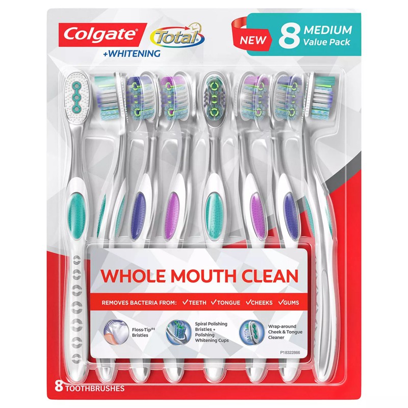 Bàn chải răng Colgate Total + Whitening - Medium, vỉ 8 cái