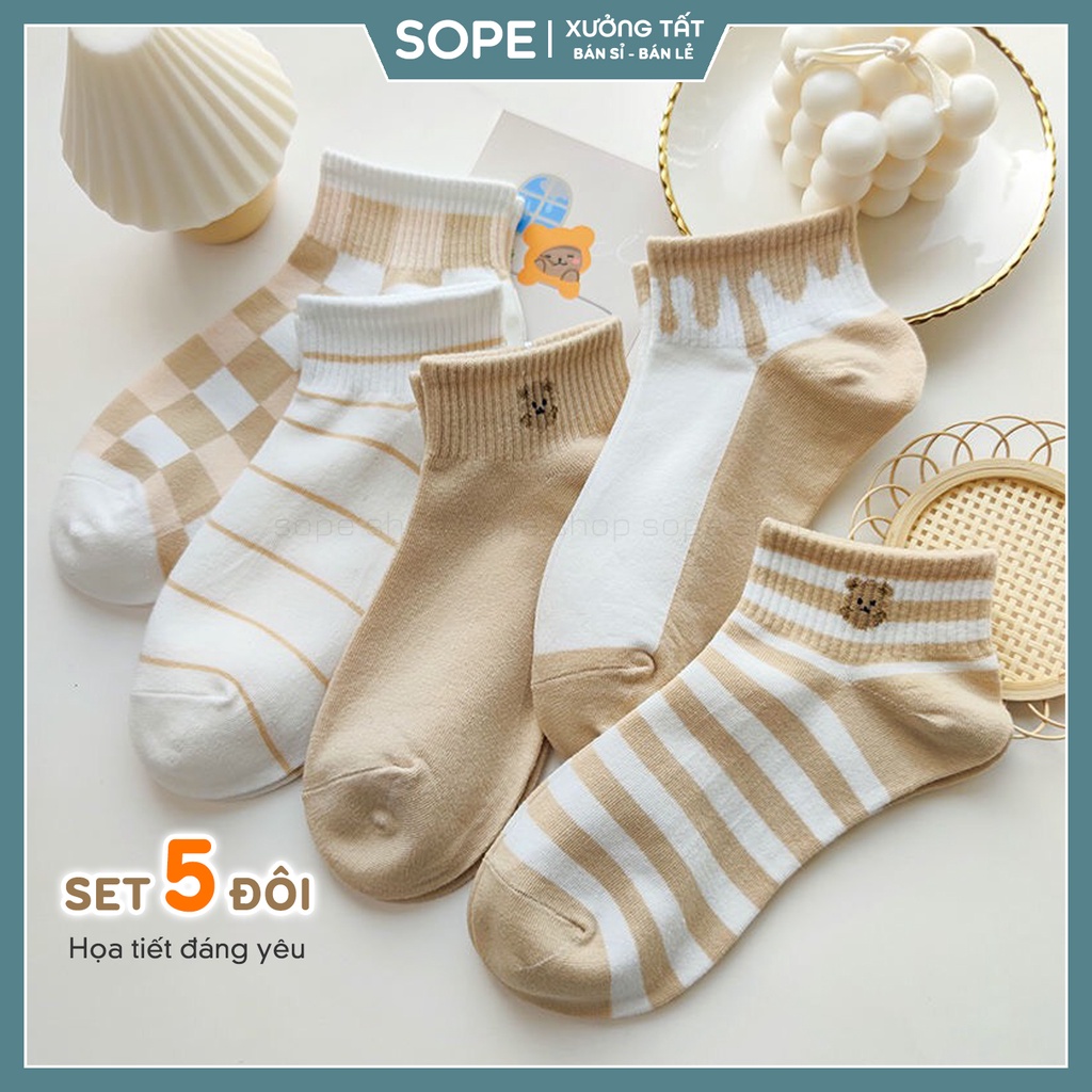 Tất cổ ngắn, set tất vớ nữ nam chất liệu vải Hàn chống trơn trượt và hôi chân - Sope Shop