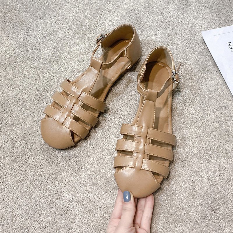 MS194 Sandal đế bằng quai đan da PU phong cách vintage