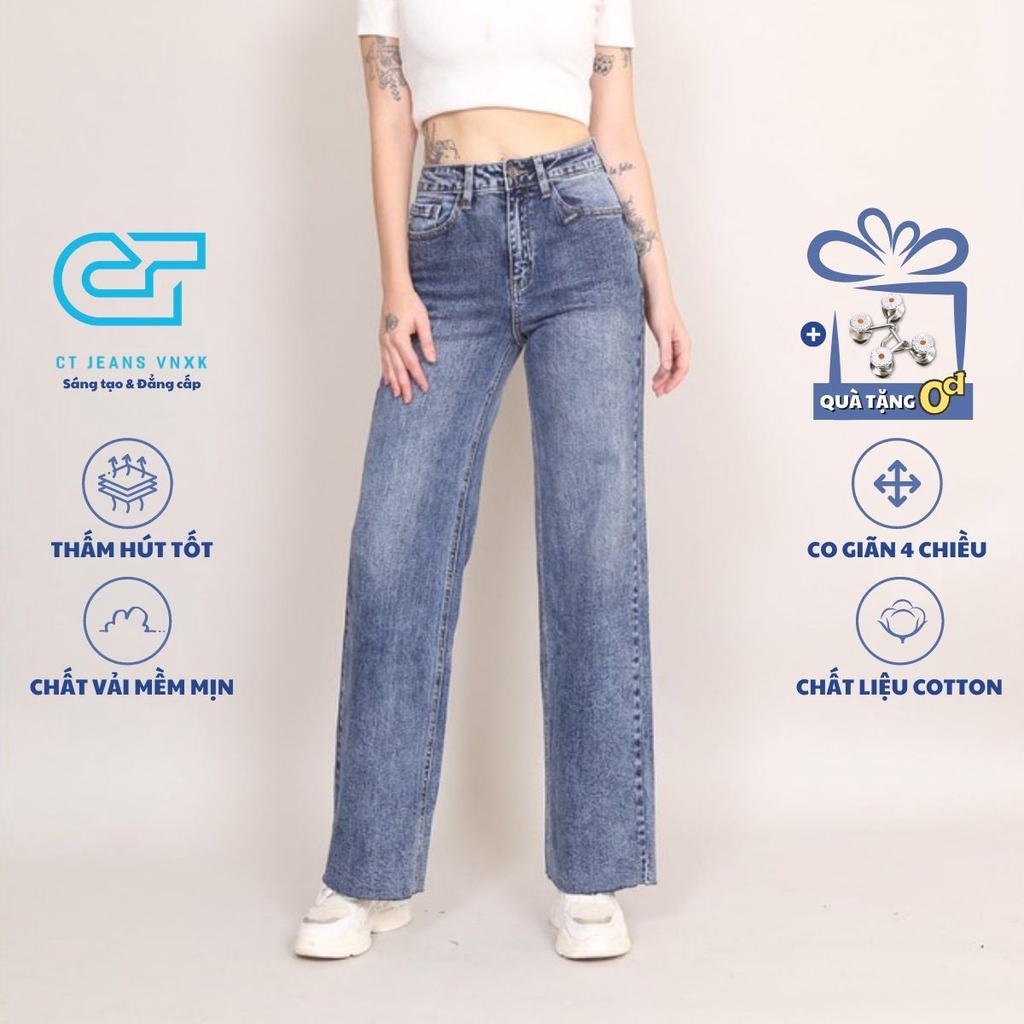 Quần jean nữ ống rộng cạp cao lưng cao co giãn xanh đá gấu tự do CT JEANS
