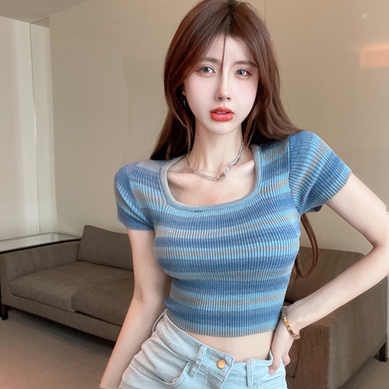 Áo Thun Ngắn Tay Cổ Vuông Họa Tiết Kẻ Sọc Màu Tương Phản Thời Trang Mùa Hè Dễ Phối Đồ Cho Nữ