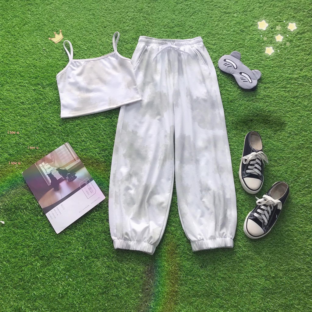 Set đồ bộ mùa hè áo croptop & quần jogger lưng thun loang màu da cá cao cấp không ra màu - Hình Thật