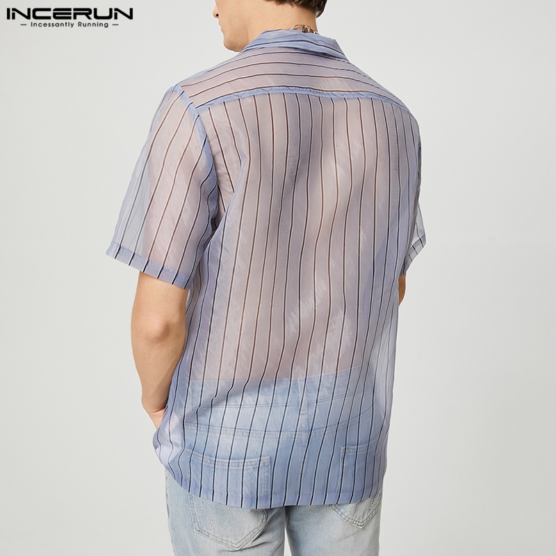 Áo sơ mi Incerun lưới tay ngắn trong suốt dáng rộng cài khuy kẻ sọc cá tính cho nam