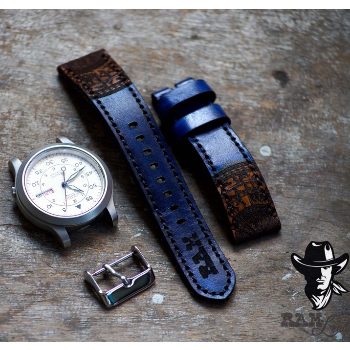 Dây Đồng Hồ Da Bò RAM Leather Italia Vegtan Trống Đồng Việt Nam Màu Xanh Dương Bền Đẹp