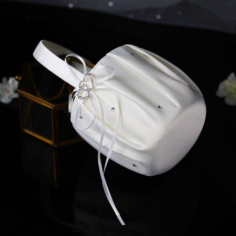 Giỏ Hoa Mini Bằng Vải Satin Màu Trắng Đính Nơ Đôi Trang Trí Tiệc Cưới