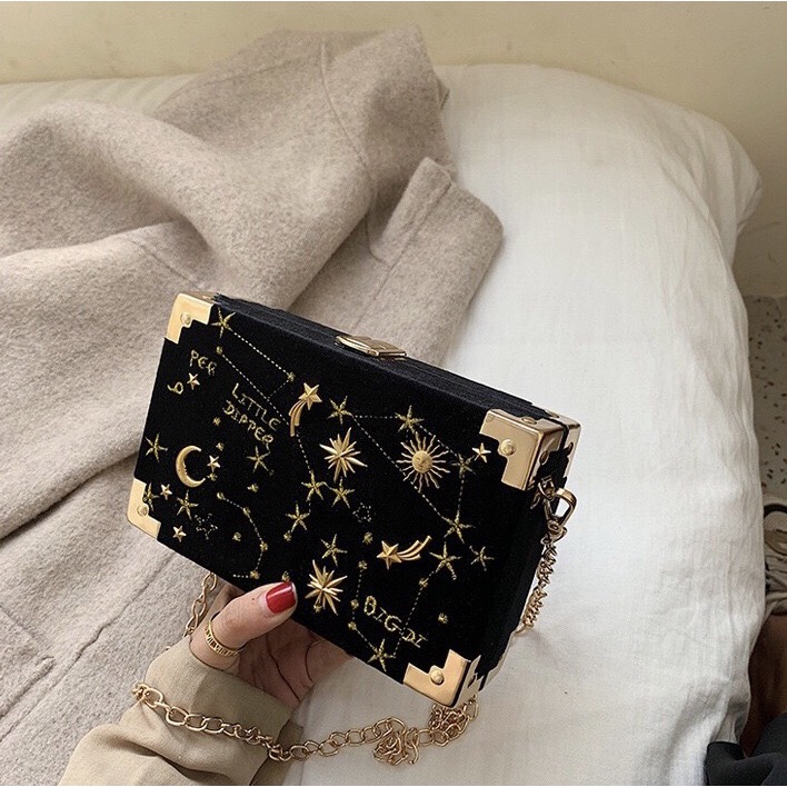 {HÀNG CÓ SẴN + ẢNH THẬT} TÚI XÁCH NỮ DÁNG HỘP NHUNG THÊU HỌA TIẾT THIÊN HÀ - CLUTCH NỮ ĐI TIỆC CẦM TAY ĐEO CHÉO