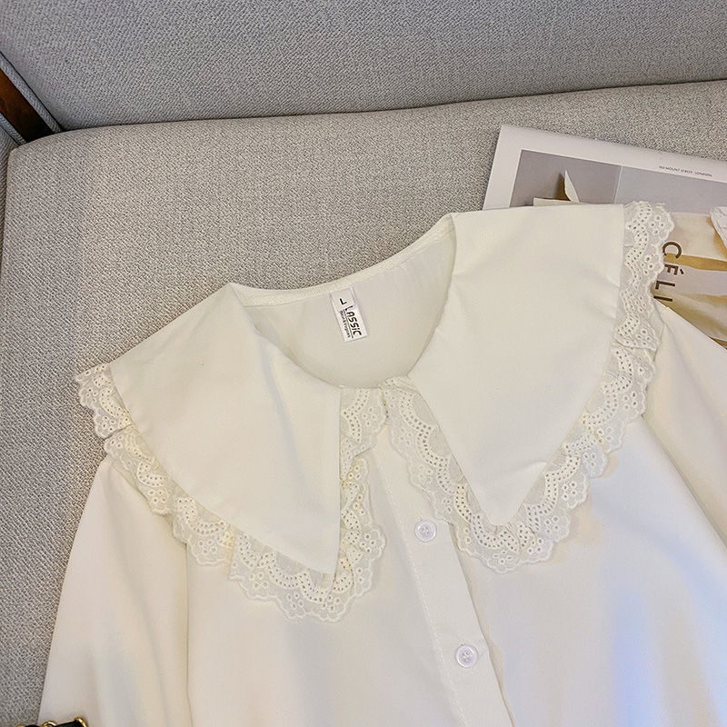 Áo Sơ Mi Trắng Tay Dài Cổ Búp Bê Phối Ren Dáng Rộng Thời Trang Thu Đông Hàn Quốc Cho Nữ