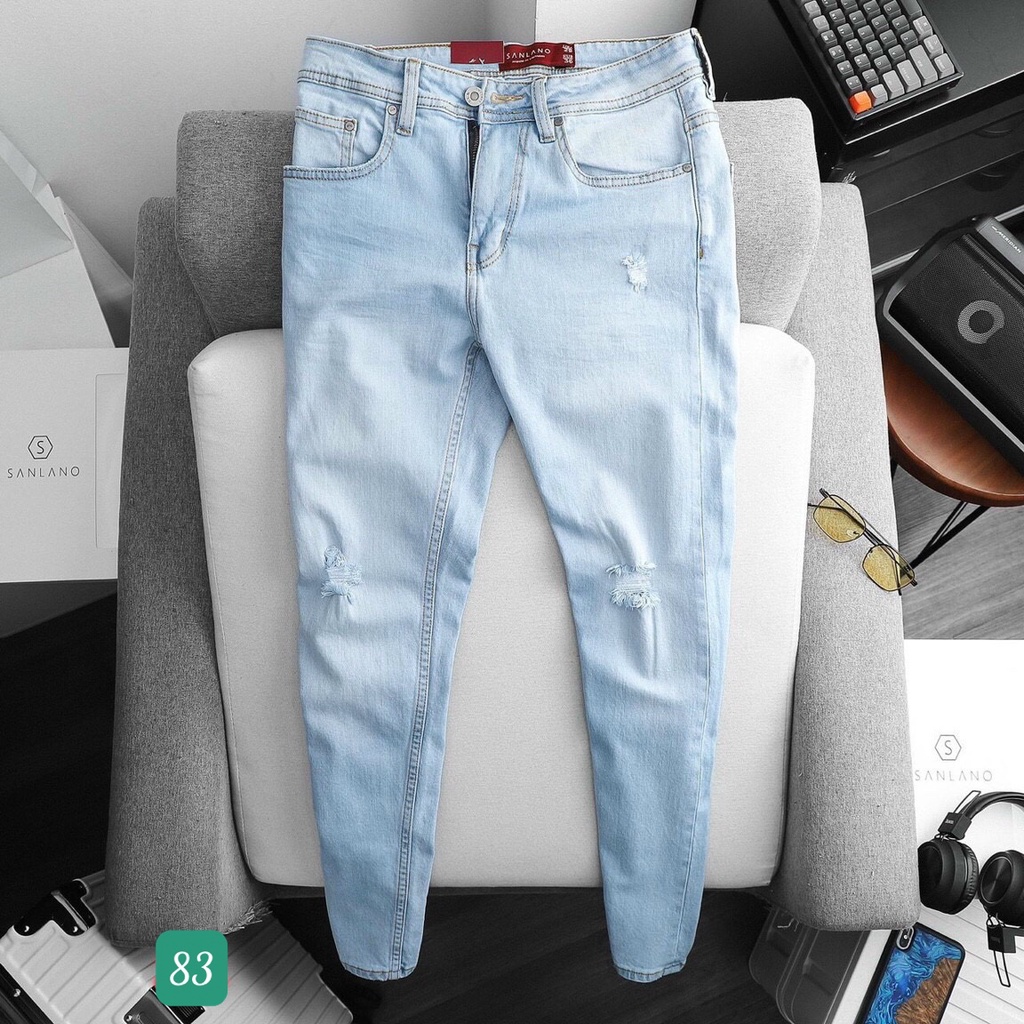 Quần Jeans Nam Chất Bò Rin Cao Cấp Xanh Bạc Rách Gối Co Giãn Ống Côn Dáng Ôm Basic T23