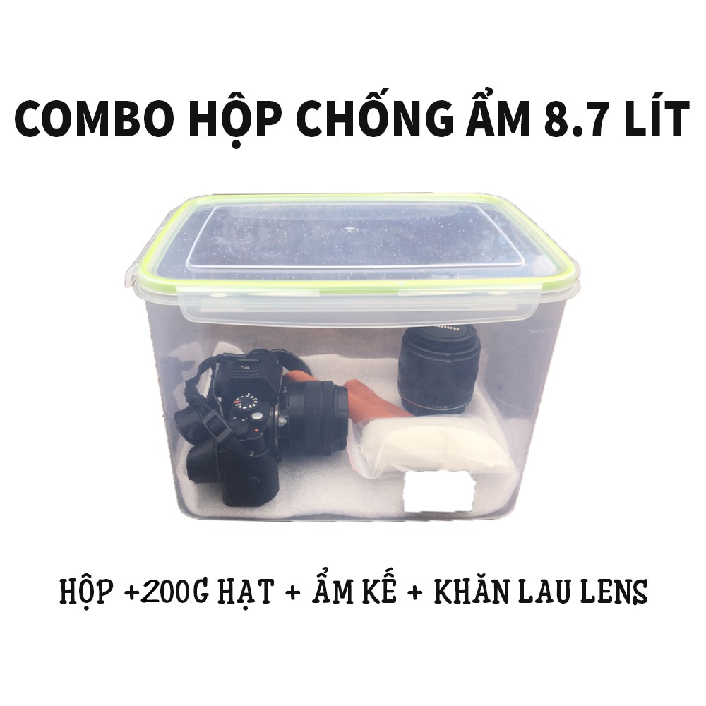 Combo hộp chống ẩm cho máy ảnh kích thước 8.7 lít bao gồm hộp + ẩm kế + 200g hạt hút ẩm + khăn da cừu lau lens 8x10cm