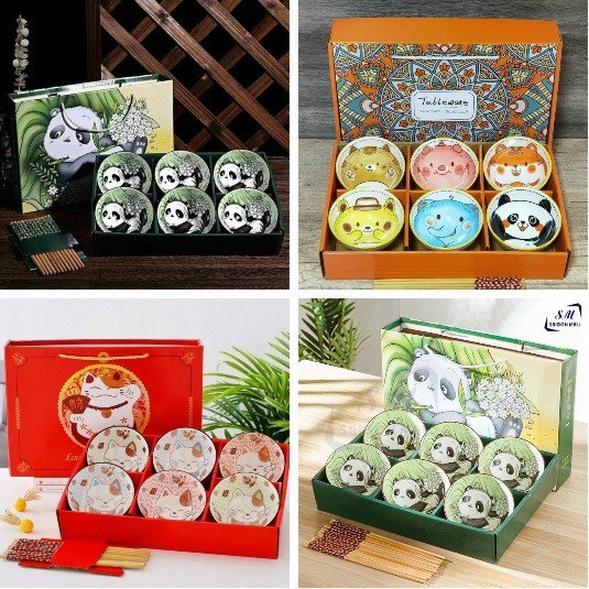 Bộ 6 chén ăn cao cấp bằng sứ decor bàn ăn kèm đũa