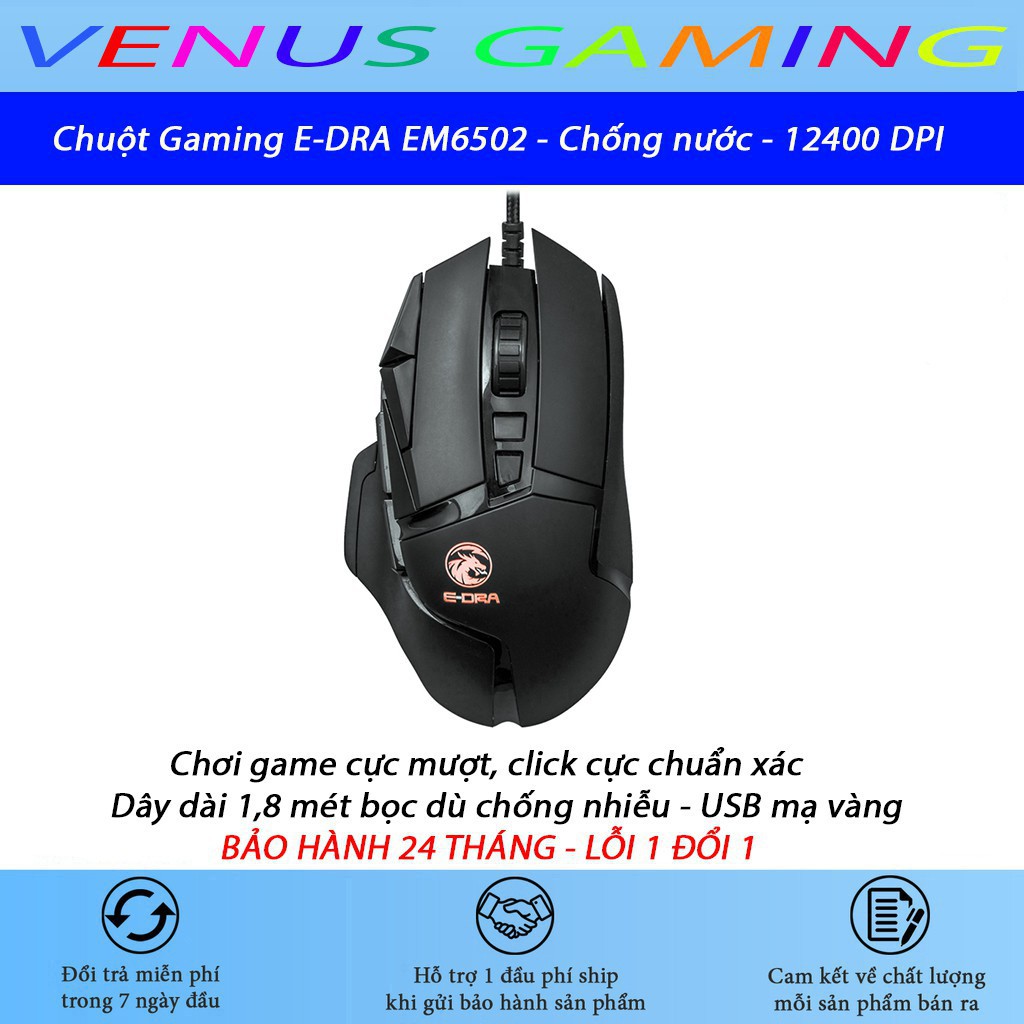 Chuột Gaming E-DRA EM6502  - Độ bền 50 triệu lượt bấm - Chống nước - 12400 DPI - LED RGB - Bảo hành 24 tháng