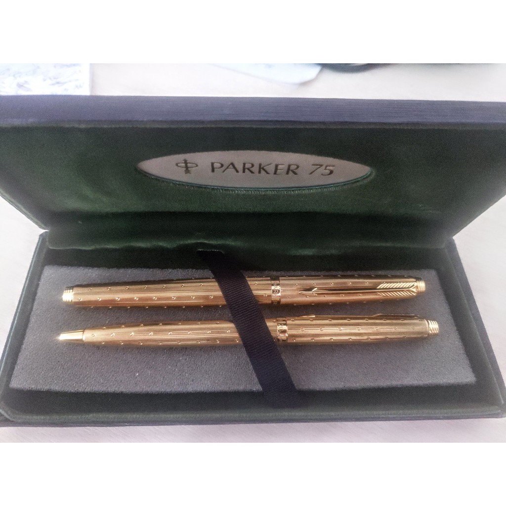 Bộ 2 bút Parker 75 PERLE - Mạ vàng 22K - Bút máy và bút bi - Place Vendome fountain pen &amp; ballpoint pen - Made in France