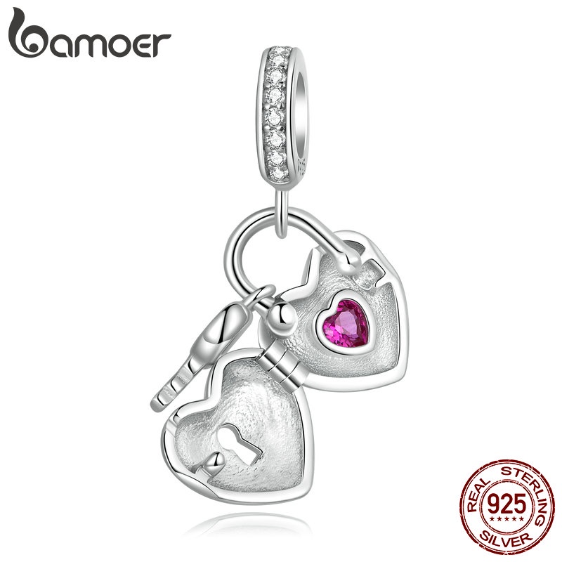 Mặt vòng tay BAMOER bạc 925 hình ổ khóa trái tim và chìa khóa DIY dành cho nữ