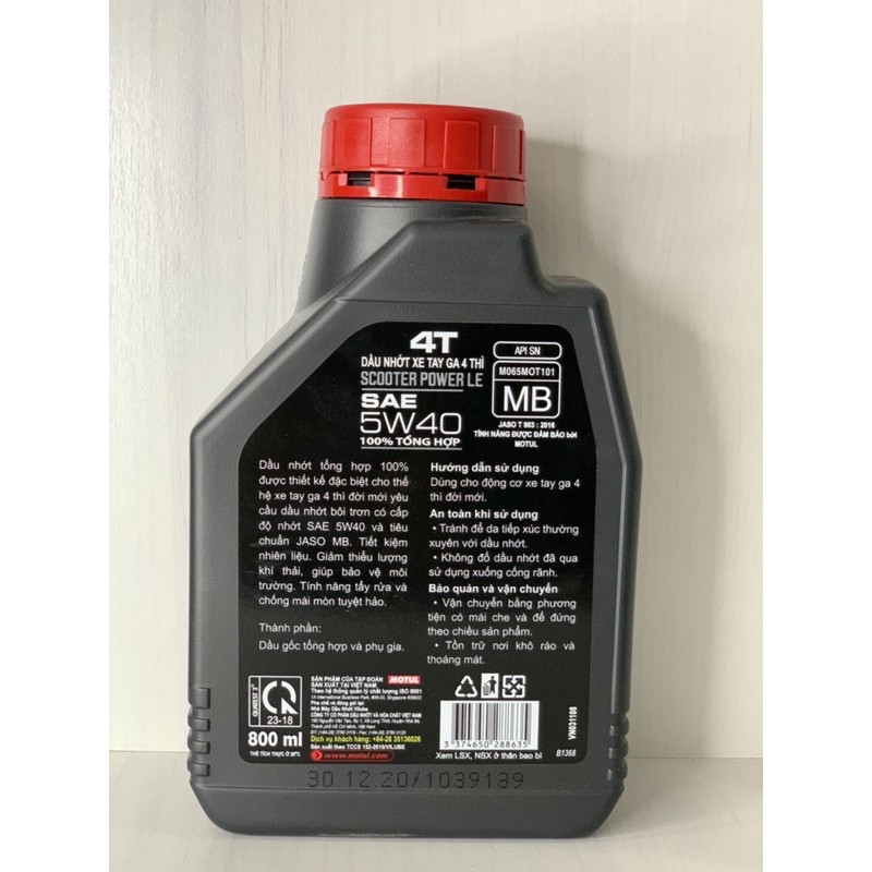 Nhớt Máy XE TAY GA Cao Cấp Motul Scooter Power LE 5W40 Tổng Hợp Toàn Phần API SN, JASO MB