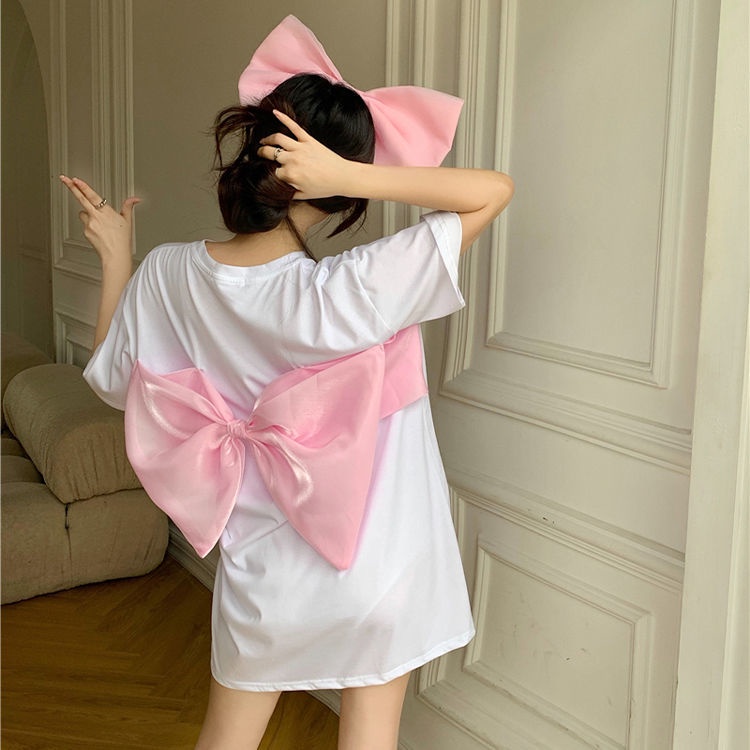 Áo Thun Tay Ngắn Dáng Rộng Phối Nơ Sau Lưng Thời Trang Mùa Hè Dành Cho Nữ