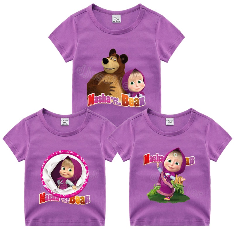 Áo Thun Tay Ngắn In Hoạt Hình Masha and The Bear Dễ Thương Thời Trang Mùa Hè Cho Bé Gái