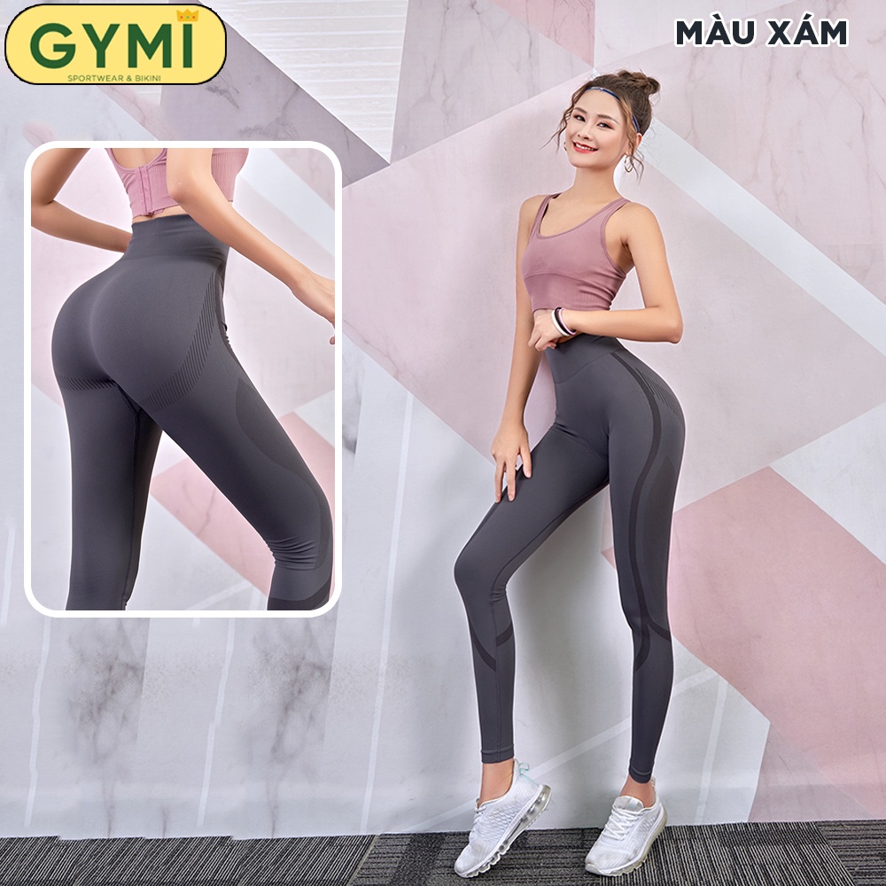 Quần tập gym nữ GYMI QD14 dáng legging chất dệt kim co giãn cạp cao nâng mông thể thao kèm hoạ tiết vân chìm