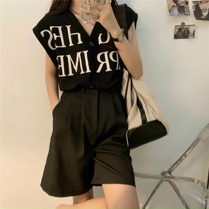 Áo crop len tanktop chữ hai màu đen trắng