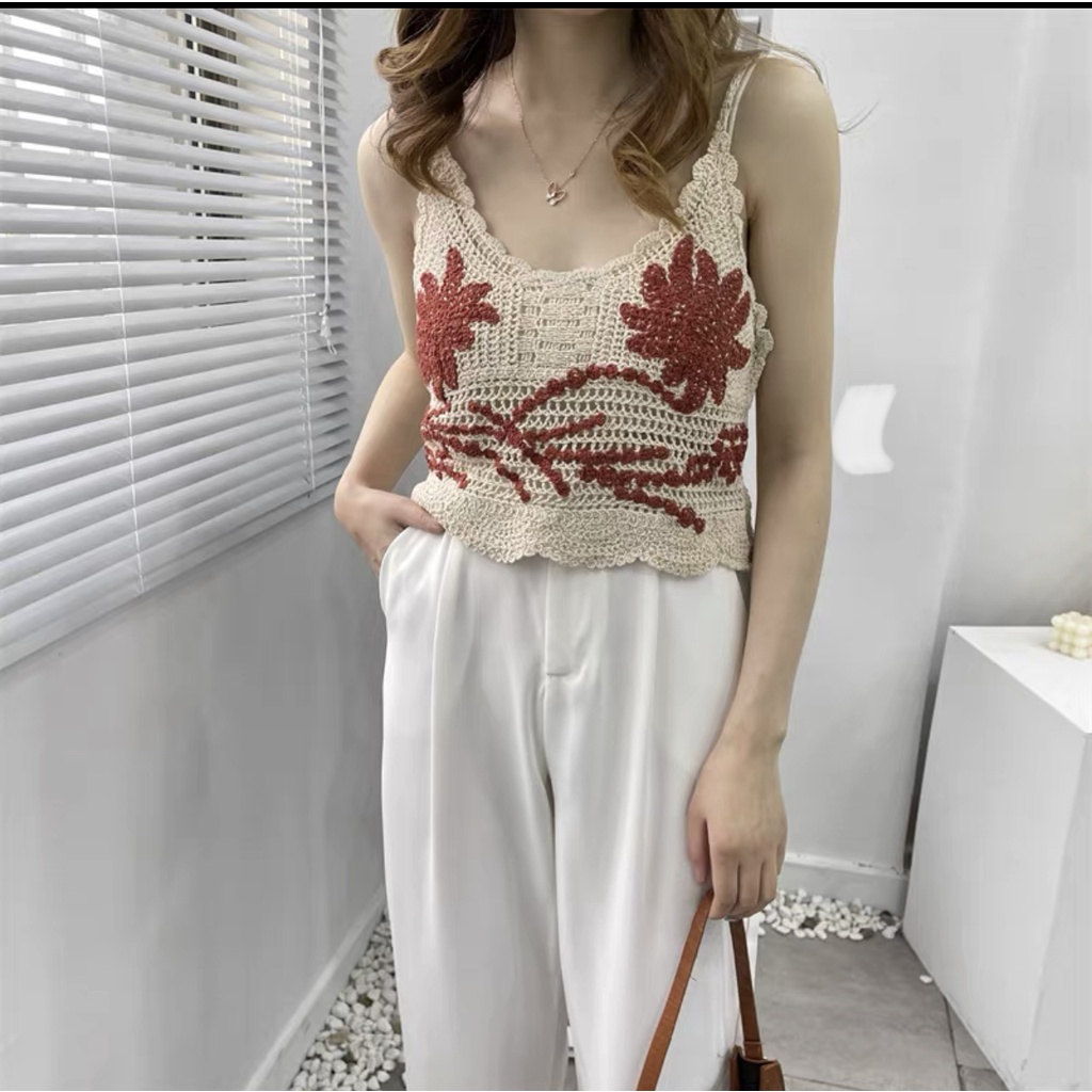 Áo Crotop Dệt Kim Hai Dây Hoa ở ngục Thiết kế mới Mùa hè đi biển cho nữ | Áo ren | Meichanstore
