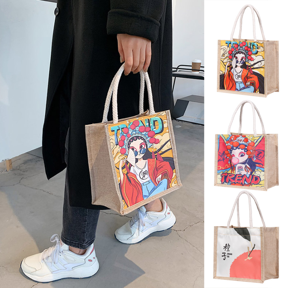 Túi Xách Tote Vải Canvas Có Dây Kéo In Họa Tiết Thổ Cẩm Dành Cho Nữ