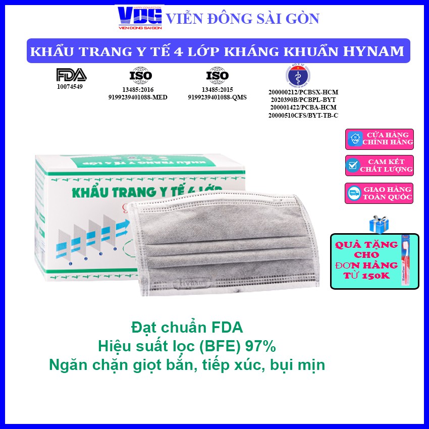 Khẩu trang y tế 4 lớp Hynam - Giấy lọc kháng khuẩn - Hiệu suất lọc BFE 97% - (50 cái/ hộp)
