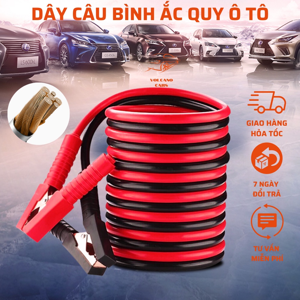 Dây câu bình Ắc Quy ô tô lõi đồng điện trở 1000A/2000A dùng kích điện bình ắc quy cứu hộ xe hơi loại 2.5M, 4M