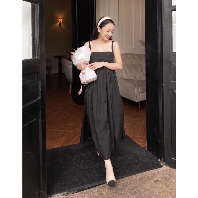 Đầm Maxi Nữ 2 Dây Chun Lưng Màu Đen Vải Thô Mềm Q116