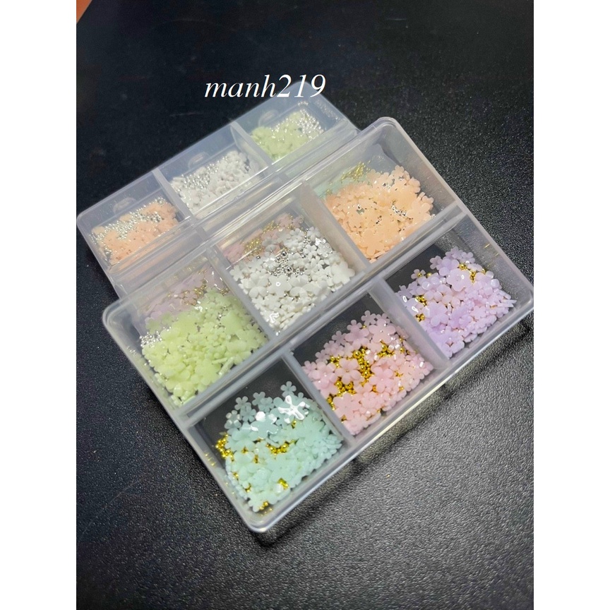 khay charm hoa nhí 6 màu hoa bi làm nail mix 6 ô trang trí nail