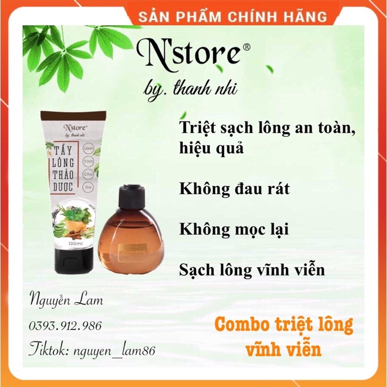 Combo Triệt Lông Vĩnh Viễn, Kem Tẩy Lông Thảo Dược N'store 100gr &amp; Mỡ Trăn Triệt Lông N'store 75gr