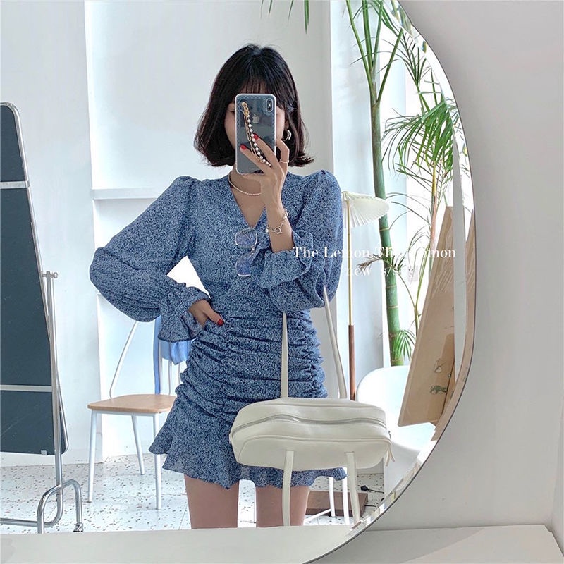 Đầm PERTY cổ chữ V họa tiết hoa phong cách Hàn Quốc thời trang mùa hè xinh xắn dành cho nữ